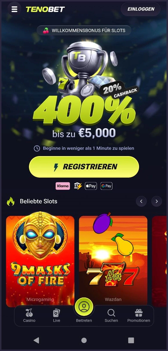 Optimierte mobile Version der TenoBet Casino-Website