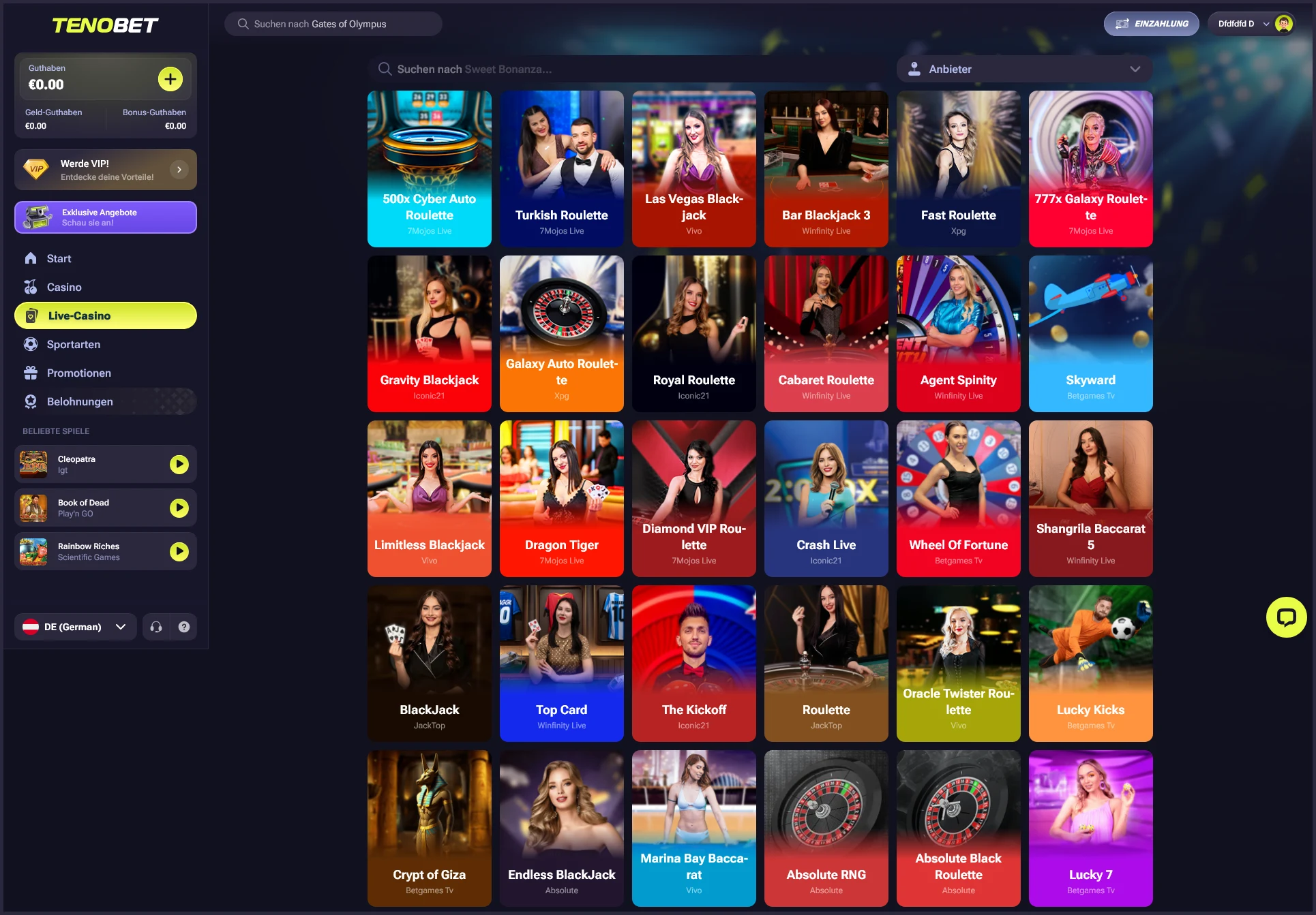 Übersicht aller Live-Casino-Spiele im TenoBet Casino